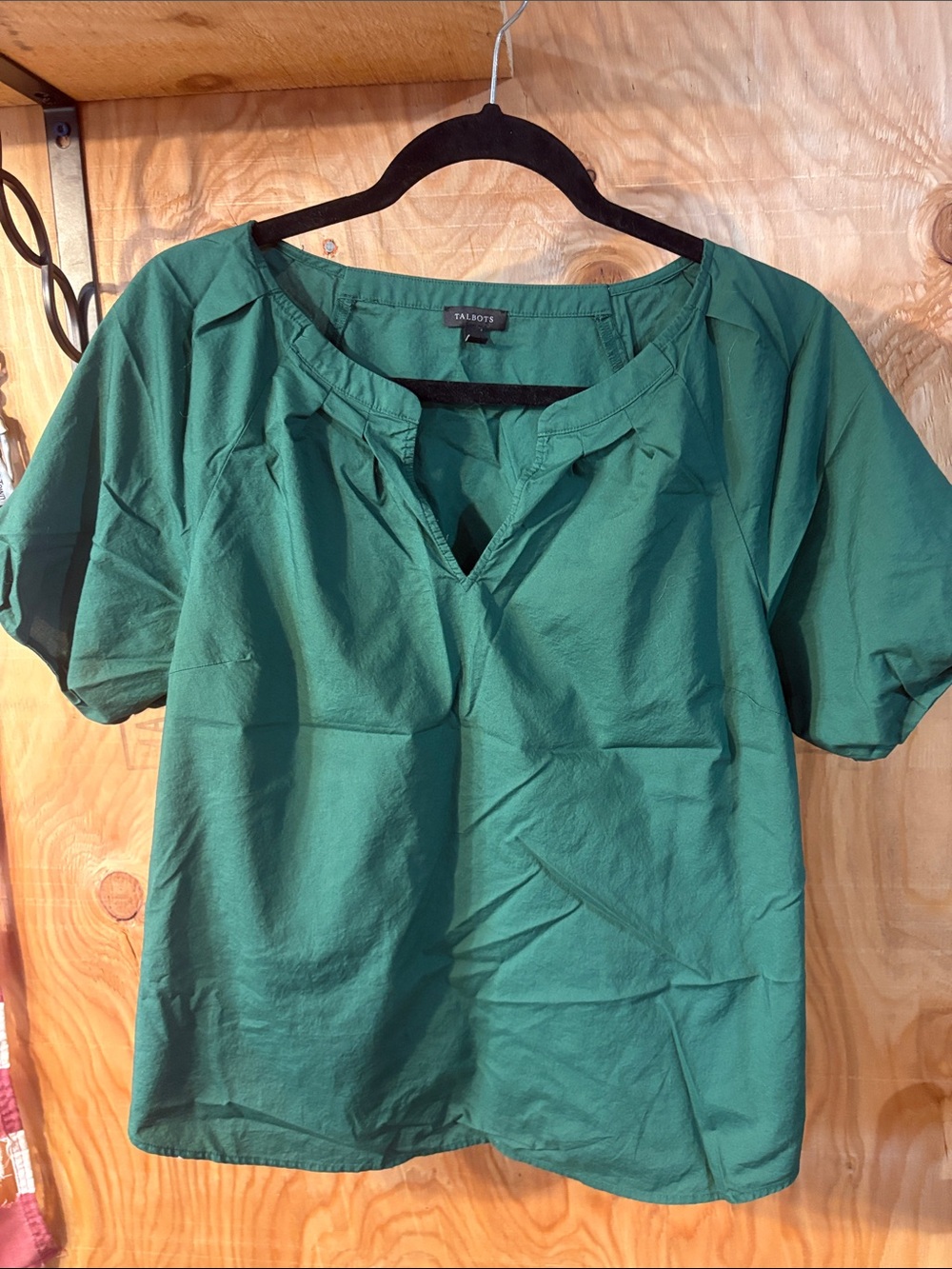 Talbots Dark-Green Split V-Neck Short Sleeve Blouse